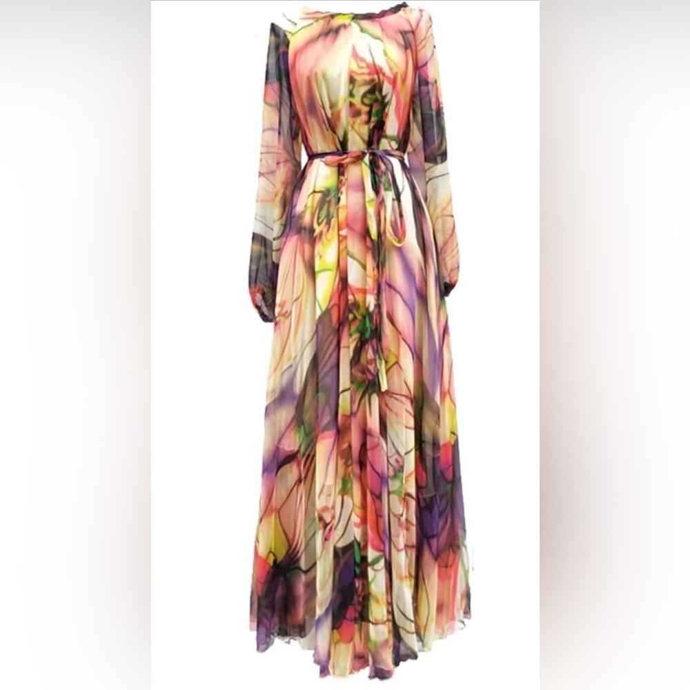 Designer Floral Print Maxi Long Dress Chiffon Silky Loose Bohemian Dress Ptp 23